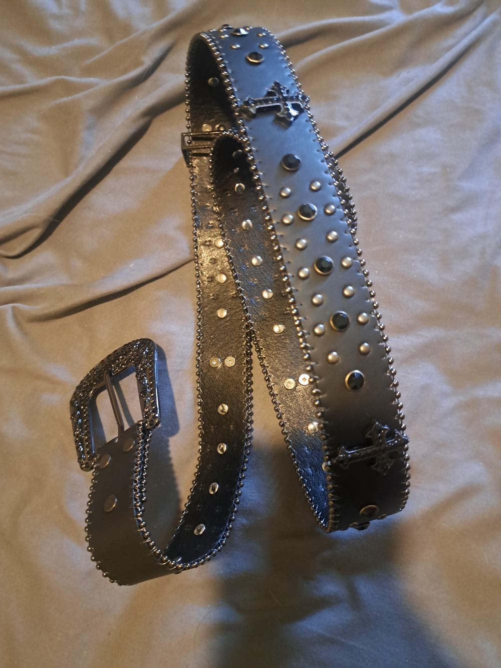 Black Studded Leather Belt with Decorative Buckle 48inch